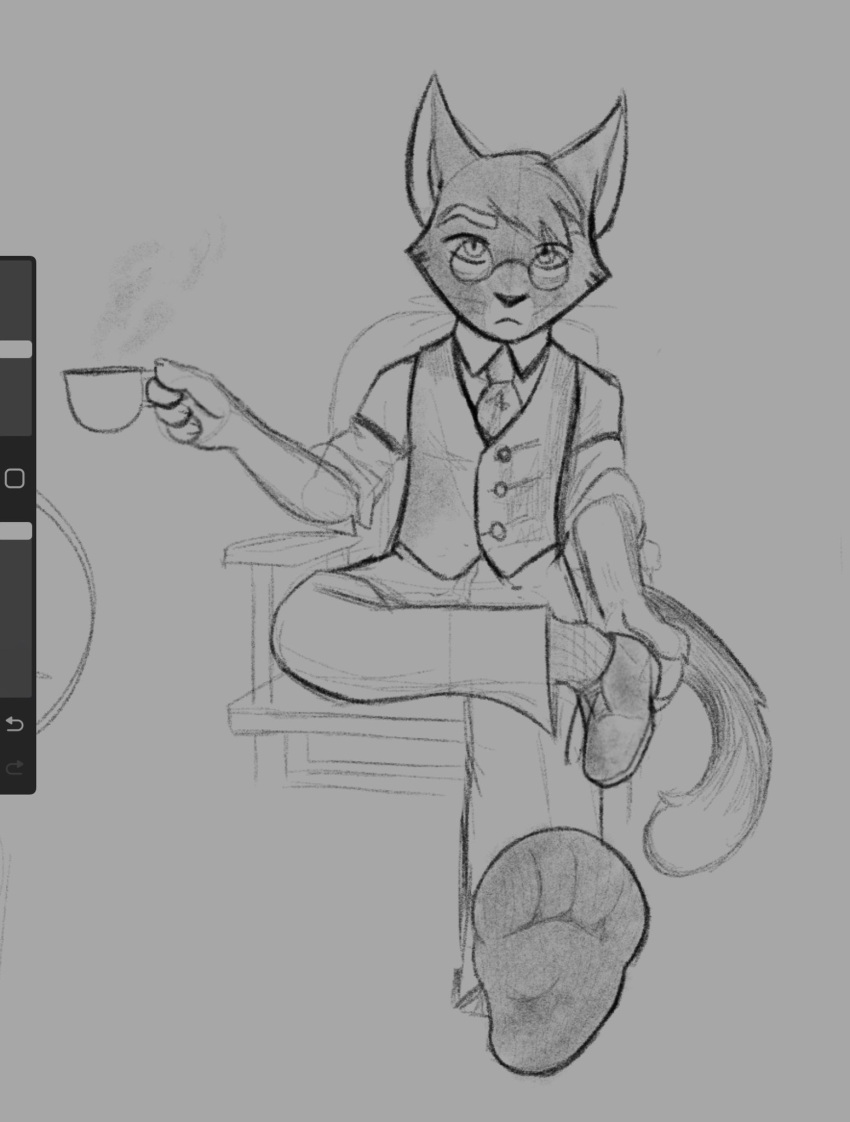 2steponya anthro clothing coffee_mug domestic_cat eyewear fancy_clothing feet felid feline felis foot_fetish foot_focus footwear glasses hi_res lackadaisy male mammal monochrome mordecai_heller shoes sketch socks solo taking_off_shoes webcomic