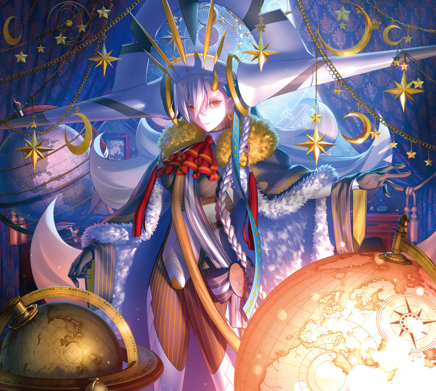 1girl absurdres armillary_sphere breasts cape clothing_cutout detexted fate/grand_order fate_(series) floating floating_object globe grey_cape highres horns huge_horns large_breasts long_hair long_horns non-web_source olga_marie_animusphere orange_eyes star_(symbol) stomach_cutout striped_bodysuit takeuchi_takashi thighs third-party_edit u-olga_marie white_hair