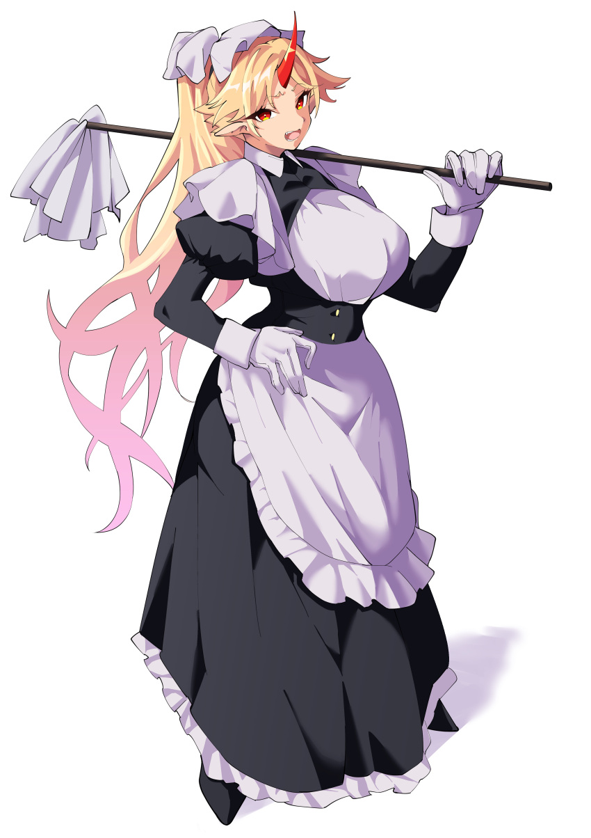 1girl absurdres alternate_costume alternate_hairstyle apron black_dress black_footwear blonde_hair breasts dress enmaided framed_breasts fugaku_(miko_no_miyatsuguchi) full_body gloves highres horns hoshiguma_yuugi huge_breasts juliet_sleeves long_dress long_hair long_sleeves looking_at_viewer maid maid_apron oni_horns open_mouth pointy_ears ponytail puffy_sleeves red_eyes red_horns simple_background single_horn solo standing touhou victorian_maid white_apron white_background white_gloves