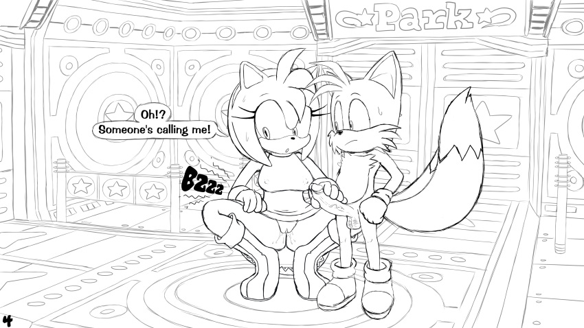 absurd_res amy_rose bodily_fluids bottomless clothed clothing comic erection excito female genital_fluids genitals handjob hi_res male miles_prower partially_clothed penile penis pussy pussy_juice sega sex sonic_the_hedgehog_(series) speech_bubble sweat sweatdrop text twinkle_park