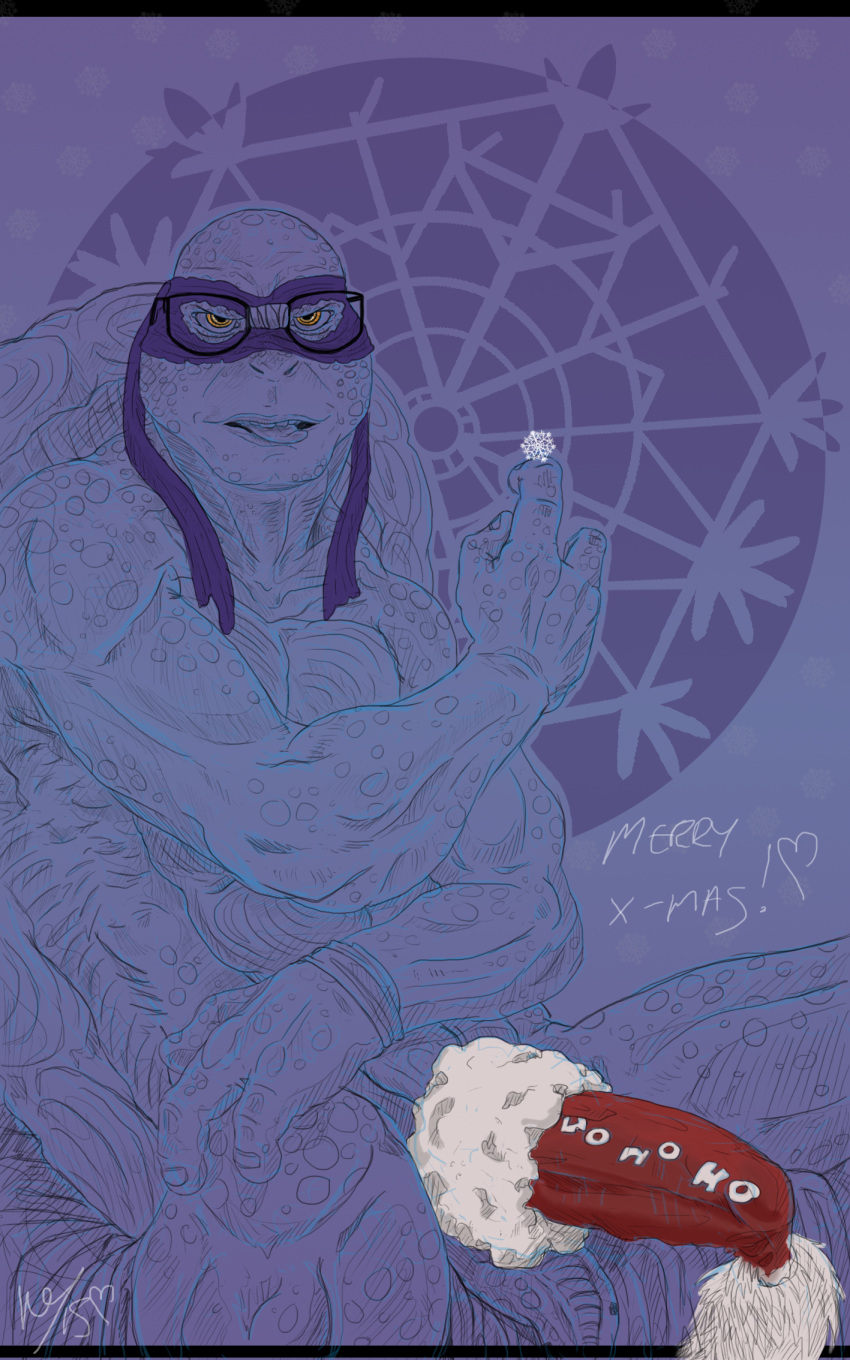 anthro bulge christmas christmas_clothing christmas_headwear clothing donatello_(tmnt) eyewear glasses hat headgear headwear hi_res holidays male melek90 reptile santa_hat scalie snowflake solo teenage_mutant_ninja_turtles teenage_mutant_ninja_turtles_(2014) turtle