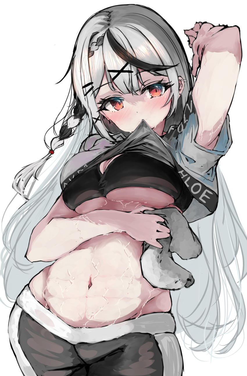 1girl absurdres arm_up black_hair black_pants black_sports_bra braid breasts cleavage clothes_lift crop_top crop_top_overhang grey_hair hair_ornament hairpin highres hololive hololive_dance_practice_uniform large_breasts lifted_by_self long_hair looking_at_viewer mouth_hold multicolored_hair navel official_alternate_costume pants red_eyes sakamata_chloe shirt_lift single_braid solo sports_bra streaked_hair tazrn1 underboob virtual_youtuber wiping_sweat x_hair_ornament yoga_pants