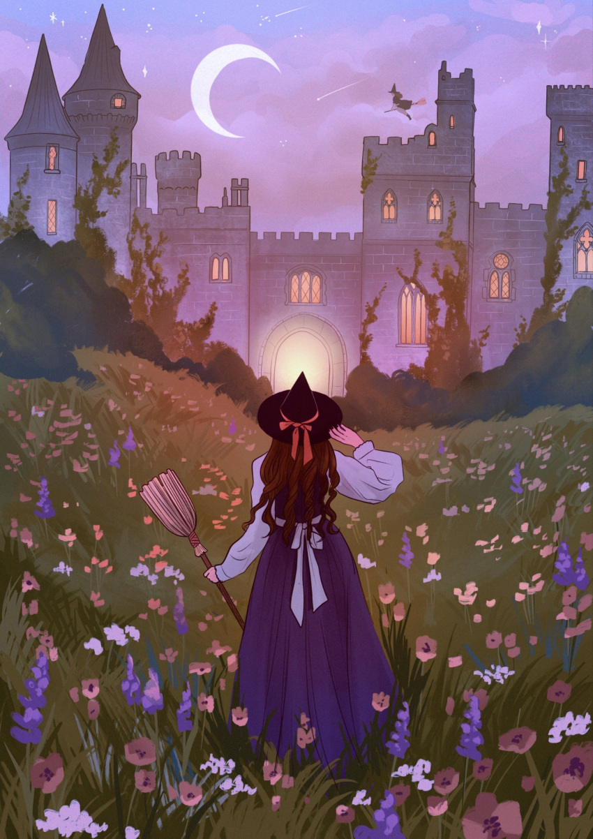 2girls black_headwear broom broom_riding brown_hair castle crescent english_commentary facing_away field flower flower_field hand_up hannahartwork highres holding holding_broom long_sleeves multiple_girls night night_sky original outdoors sky star_(sky) witch