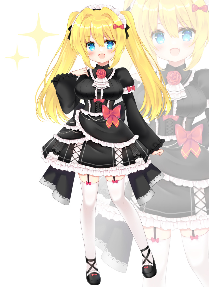 1girl :d black_dress black_footwear blonde_hair bow breasts commission dress flower frilled_dress frills garter_straps hair_between_eyes hair_bow hair_intakes highres juliet_sleeves large_breasts long_hair long_sleeves looking_at_viewer maid_headdress original puffy_sleeves red_bow red_flower red_rose rose shikito shoes sidelocks simple_background skeb_commission smile solo sparkle thighhighs twintails v-shaped_eyebrows very_long_hair white_background white_thighhighs zoom_layer
