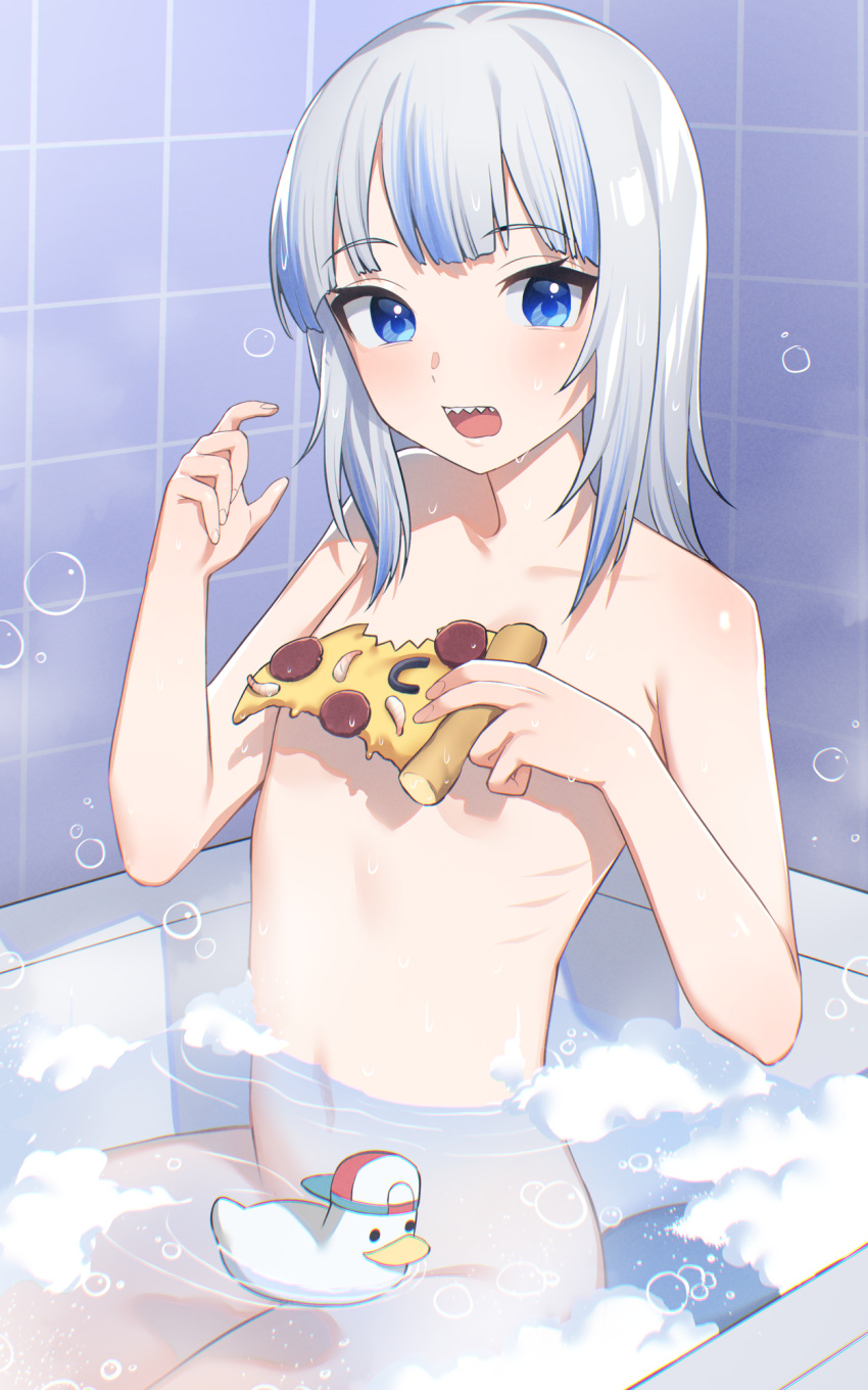 1girl backwards_hat bathtub bingsardina blue_eyes blue_hair completely_nude convenient_censoring flat_chest food gawr_gura gills hat highres holding holding_food holding_pizza hololive hololive_english looking_at_viewer multicolored_hair nude open_mouth pizza pizza_slice rubber_duck sharp_teeth solo streaked_hair subaru_duck teeth virtual_youtuber white_hair