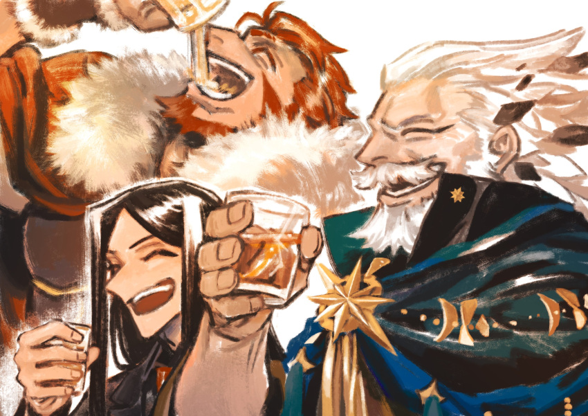 absurdres alcohol bara beer black_hair cape closed_eyes cup drink drinking fate/grand_order fate_(series) highres holding holding_cup holding_drink iskandar_(fate) laughing lu_sheng_(qdc7d5a22frtytw) old old_man open_mouth ptolemy_(fate) red_hair waver_velvet white_background white_hair