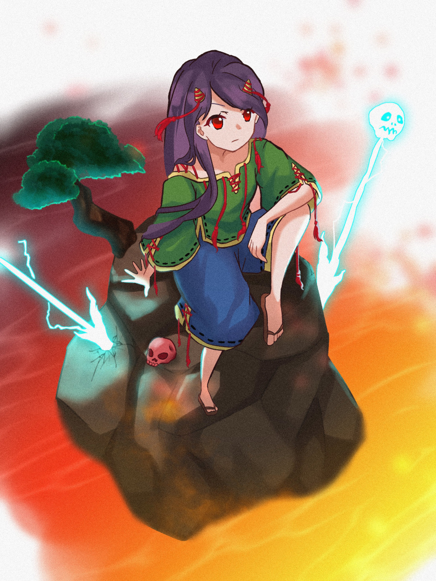 1girl absurdres bad_anatomy bad_perspective barefoot black_hair blue_shorts closed_mouth danmaku green_shirt highres kaisouou_konbu long_hair nippaku_zanmu red_eyes shirt short_sleeves shorts skull solo touhou wide_sleeves