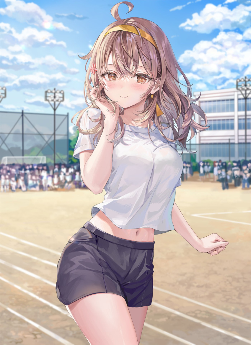 6+boys 6+girls ahoge black_shorts blurry blurry_background blush breasts brown_hair building cloud cloudy_sky floating_clothes floating_hair flower gym_uniform hair_between_eyes hair_flower hair_ornament hairband hand_on_own_face hand_up highres large_breasts light_smile long_hair mariya_mikhailovna_kujou momoko_(momopoco) multiple_boys multiple_girls navel novel_illustration official_art outdoors running see-through see-through_shirt shirt shorts sky smile solo_focus tokidoki_bosotto_roshia-go_de_dereru_tonari_no_arya-san translation_request white_shirt yellow_eyes yellow_hairband