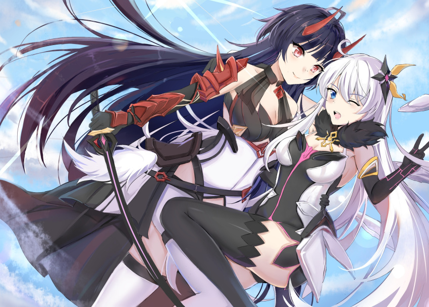 2819726927 2girls ;d bare_shoulders black_dress black_gloves black_hair black_thighhighs blue_eyes blue_sky blush breasts cleavage closed_mouth cloud commentary_request day dress dutch_angle elbow_gloves fur_collar gloves hair_between_eyes highres holding holding_sword holding_weapon honkai_(series) honkai_impact_3rd horns kiana_kaslana kiana_kaslana_(herrscher_of_the_void) long_hair medium_breasts multiple_girls one_eye_closed outdoors raiden_mei raiden_mei_(herrscher_of_thunder) red_eyes sky smile standing standing_on_one_leg sword thighhighs very_long_hair weapon white_hair white_thighhighs