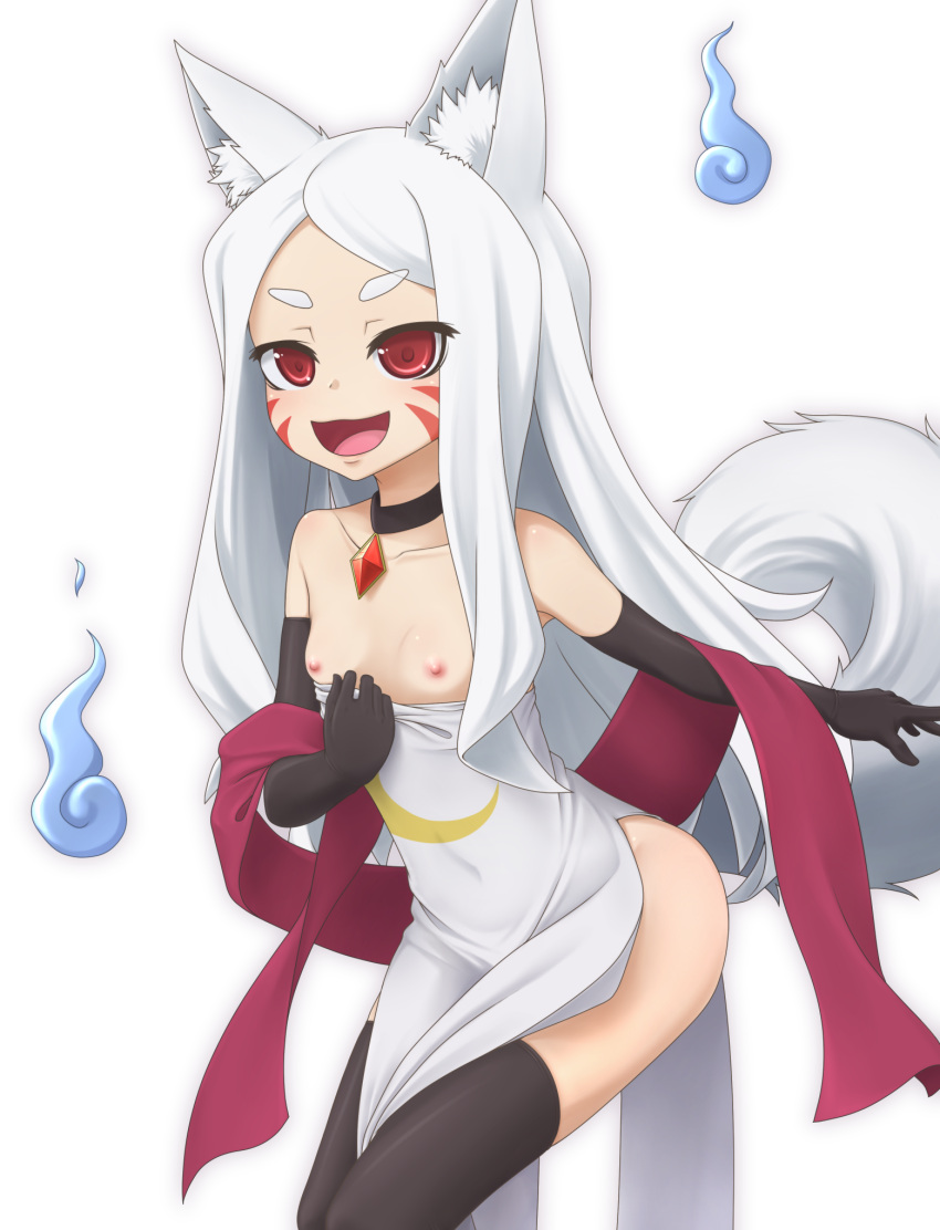 1girl :d animal_ear_fluff animal_ears black_gloves breasts clothes_pull crescent_print dress dress_pull elbow_gloves facial_mark fox_ears fox_girl fox_tail gloves highres hitodama jewelry long_hair looking_at_viewer naughty_face necklace nipples open_mouth red_eyes red_shawl sewayaki_kitsune_no_senko-san shawl shiro_(sewayaki_kitsune_no_senko-san) short_eyebrows small_breasts smile solo strapless strapless_dress tail thick_eyebrows tsunousagi_(user_ujyx8587) white_hair