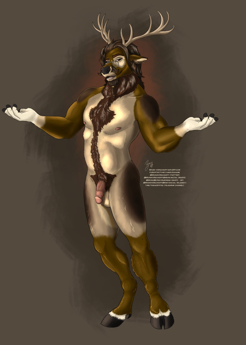 2023 2_horns absurd_res anthro antlers areola balls beard biped black_beard black_nose body_hair braided_beard brown_body bruno_hirschkoff cervine chest_hair cloven_hooves countershade_torso countershading deer elk eyebrows eyewear facial_hair fingers flaccid front_view genitals glans glasses gloves_(marking) hi_res hooved_fingers hooves horn humanoid_genitalia humanoid_penis looking_at_viewer male mammal markings mature_male multicolored_body neck_tuft nipples nude open_mouth penis pince-nez pubes simple_background solo standing teeth tongue tuft two_tone_body unguligrade white_body white_markings