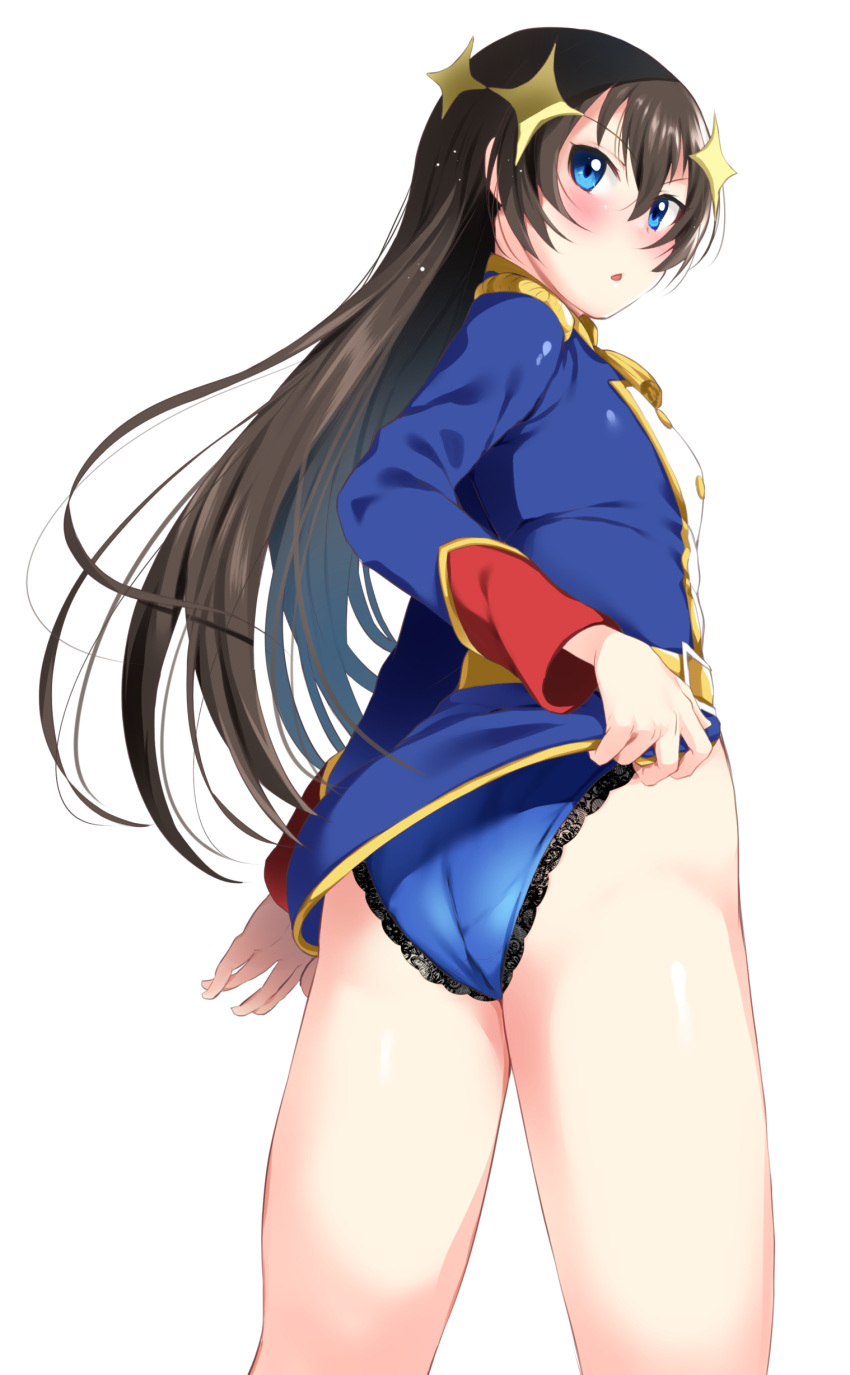 1girl absurdres arm_at_side ass belt belt_buckle black_hair blue_eyes blue_jacket blue_panties blush buckle buttons chestnut_mouth commentary_request commission epaulettes from_behind hair_between_eyes hair_ornament highres jacket kagura_hikari lace-trimmed_panties lace_trim long_hair long_sleeves looking_at_viewer looking_back no_pants oshakana panties parted_lips shoujo_kageki_revue_starlight simple_background skeb_commission solo sparkle_hair_ornament standing tassel underwear v-shaped_eyebrows very_long_hair white_background yellow_belt