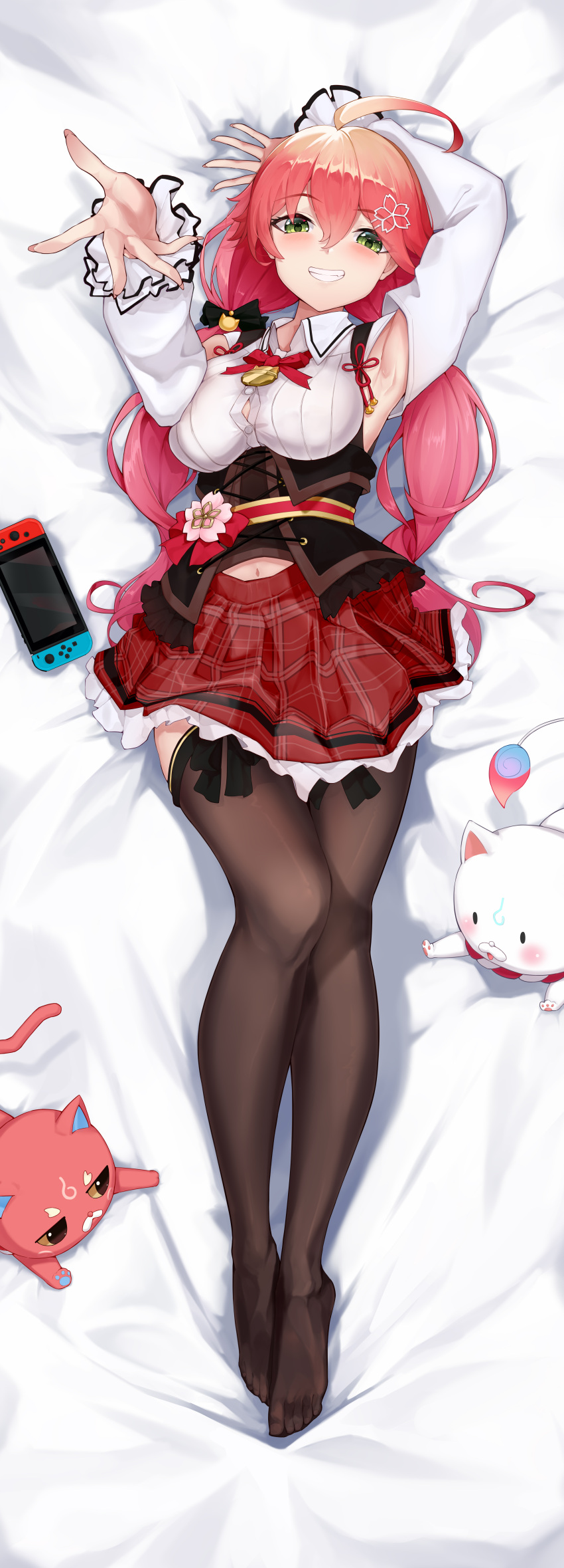 1girl 35p_(sakura_miko) absurdres ahoge armpits arms_up bed_sheet blush bow breasts brown_thighhighs cat collared_shirt corset dakimakura_(medium) detached_sleeves feet feibai from_above full_body green_eyes hair_between_eyes hair_ornament highres hololive incredibly_absurdres large_breasts legs long_sleeves lying miniskirt navel nintendo_switch no_shoes official_alternate_costume on_back pink_hair pleated_skirt red_bow red_skirt sakura_miko shirt skirt sleeveless sleeveless_shirt solo thighhighs thighs toenails toes twintails virtual_youtuber