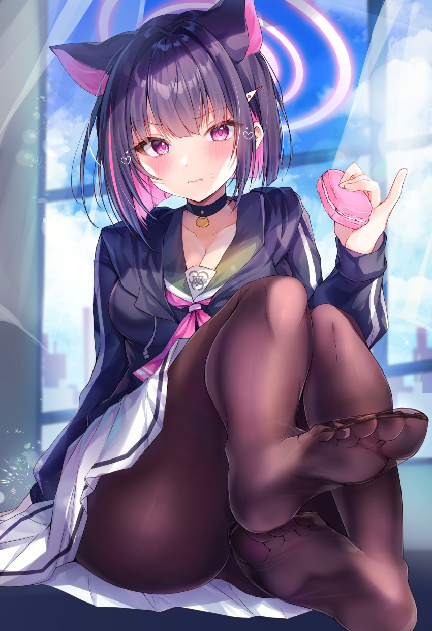 1girl absurdres animal_ears bell black_hair black_hoodie blue_archive blush breasts cameltoe cat_ears choker cleavage colored_inner_hair double_vertical_stripe extra_ears feet food foot_focus hair_ornament hairclip halo highres hood hoodie kazusa_(blue_archive) long_sleeves looking_at_viewer macaron multicolored_hair neck_bell nenobi_(nenorium) no_shoes pantyhose pink_hair pleated_skirt red_eyes short_hair sitting skirt sleeves_past_wrists soles solo two-tone_hair white_skirt