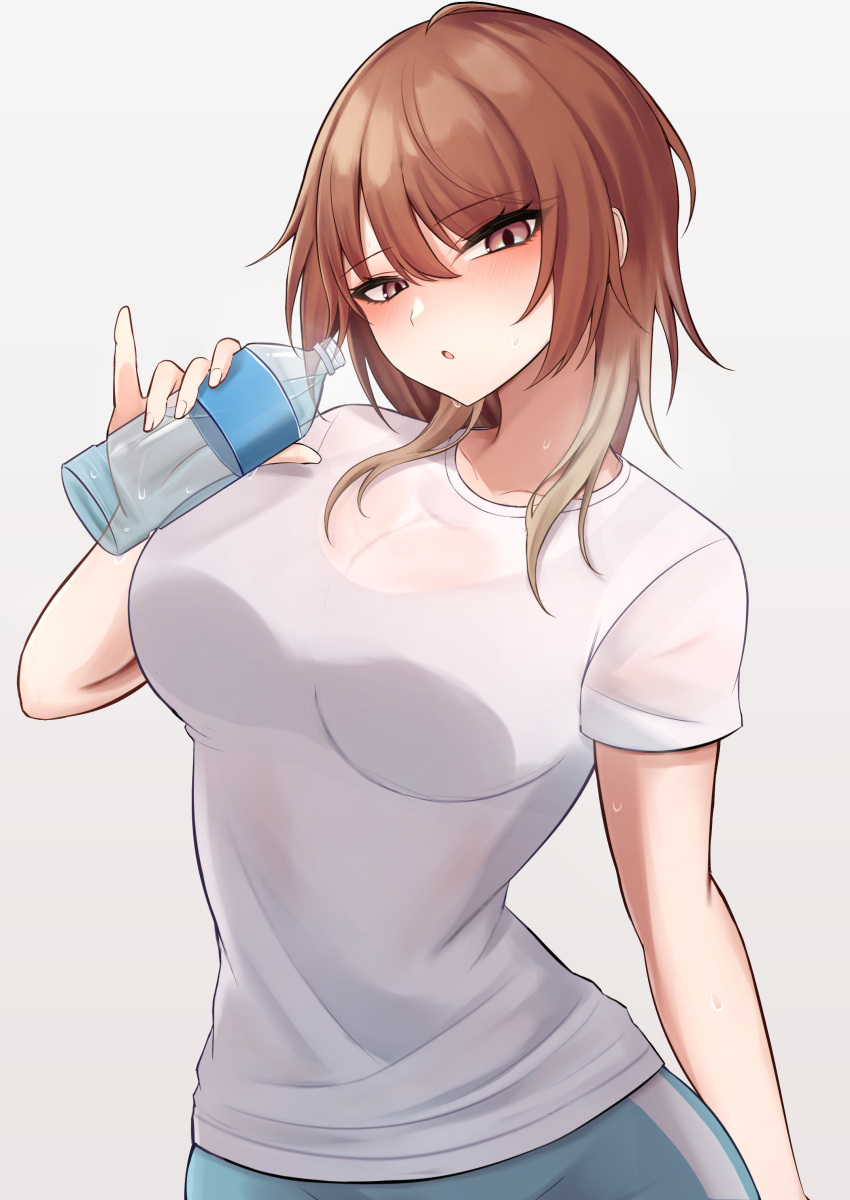 1girl :o absurdres aketa_mikoto blue_pants blush bottle breasts brown_hair highres holding holding_bottle idolmaster idolmaster_shiny_colors large_breasts looking_at_viewer pants pinky_out shirt simple_background solo ssrg_srrg sweat track_pants water_bottle white_background white_shirt