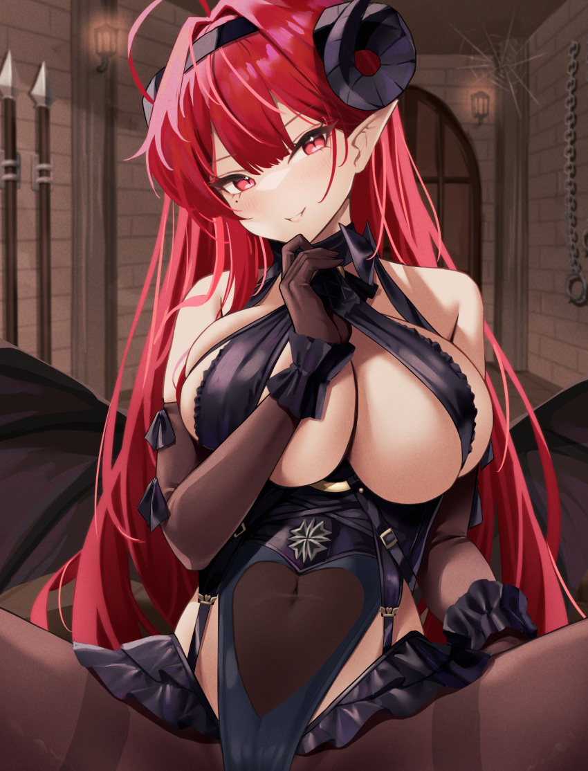 1girl absurdres ahoge azur_lane bare_shoulders black_gloves black_headband black_horns breasts center_cross_lace center_frills classic_(zildjian33) clothing_cutout curled_horns demon_girl demon_wings elbow_gloves frilled_gloves frills gloves headband highres hindenburg_(azur_lane) horns long_hair pantyhose pointy_ears red_eyes red_hair slit_pupils solo underboob underboob_cutout very_long_hair wings