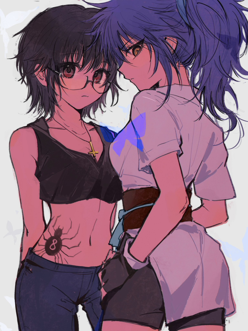 2girls black_shorts breasts brown_eyes closed_mouth crop_top cross cross_necklace denim fingerless_gloves glasses gloves hand_on_own_hip highres hunter_x_hunter inverted_cross inverted_cross_necklace japanese_clothes jeans jewelry kiko looking_at_viewer machi_komacine medium_breasts multiple_girls necklace pants ponytail red_eyes sash shizuku_murasaki short_hair short_sleeves shorts simple_background sleeveless spider_tattoo tattoo