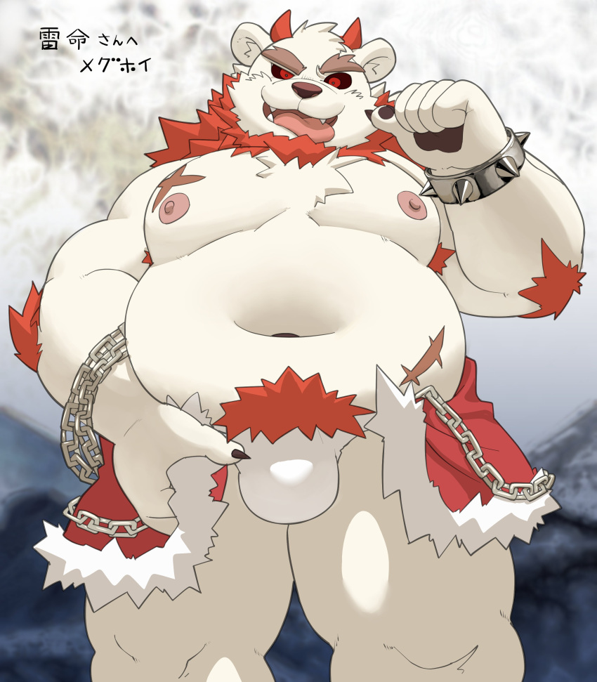 2023 absurd_res anthro bear belly big_belly bulge clothing demon hi_res horn humanoid_hands kemono male mammal meg_hoi navel overweight overweight_male scar solo tongue tongue_out underwear