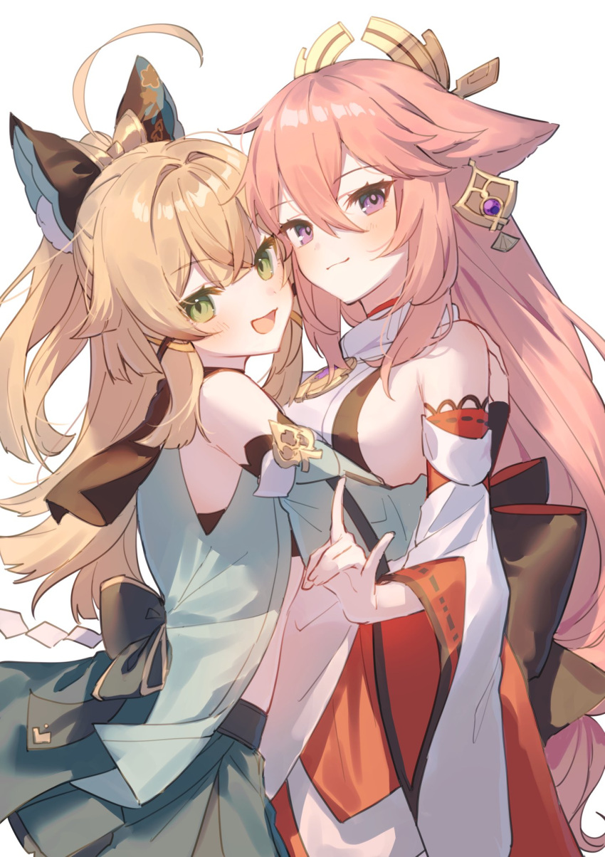 2girls ahoge animal_ears back_bow bare_shoulders black_bow black_tank_top blonde_hair blue_vest blush bow breasts brown_bow cat_girl closed_mouth detached_sleeves earrings fingernails floral_print fox_ears fox_girl fox_shadow_puppet gem genshin_impact gold_trim green_eyes green_skirt hair_between_eyes hair_bow hair_ornament hand_up highres hug japanese_clothes jewelry kirara_(genshin_impact) large_breasts long_hair long_sleeves looking_at_viewer mochizuki_mochi multiple_girls no_tail nontraditional_miko open_clothes open_mouth open_vest pink_hair pom_pom_(clothes) ponytail purple_eyes purple_gemstone red_skirt sidelocks simple_background skirt smile standing tank_top tongue vest white_background wide_sleeves x_hair_ornament yae_miko