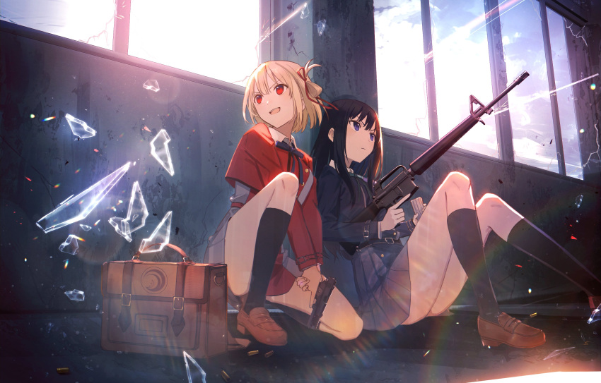 2girls alt_(apou) assault_rifle bag belt black_hair black_socks blonde_hair blue_belt blue_dress blue_ribbon broken_glass broken_window brown_footwear closed_mouth collared_shirt commentary_request crack day dress glass glass_shards green_ribbon grey_dress gun hair_ribbon handgun highres holding holding_gun holding_magazine_(weapon) holding_weapon inoue_takina kneehighs knees_up loafers long_hair long_sleeves lycoris_recoil lycoris_uniform m16 m1911 magazine_(weapon) multiple_girls neck_ribbon nishikigi_chisato on_one_knee open_mouth pleated_dress purple_eyes red_belt red_dress red_eyes red_ribbon reloading ribbon rifle school_bag shell_casing shirt shoes short_hair sitting socks sunlight trigger_discipline two-tone_dress v-shaped_eyebrows weapon white_shirt window