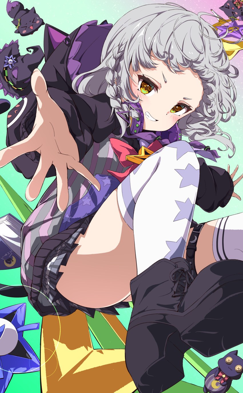 1girl absurdres animal_hood belt black_footwear black_skirt blush bow bowtie braid cat_hood coat commentary_request crescent crescent_hair_ornament cropped_shirt fumi_(fumibeing) grey_coat grey_hair grey_hoodie hair_ornament highres hololive hood hood_down hoodie long_hair looking_at_viewer murasaki_shion murasaki_shion_(school_uniform) necktie pinstripe_pattern pinstripe_shirt print_hoodie print_thighhighs purple_hood purple_necktie shirt skirt smile solo star_(symbol) star_and_crescent star_print striped striped_shirt thigh_belt thigh_strap thighhighs thighs vertical-striped_shirt vertical_stripes virtual_youtuber white_thighhighs yellow_eyes