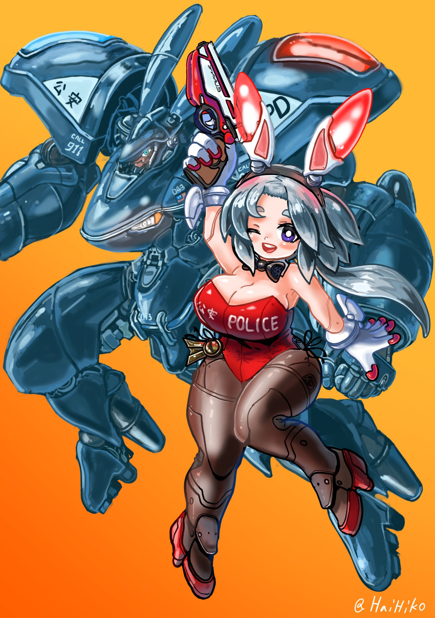 1girl absurdres android animal_ears arm_up black_bow black_bowtie bow bowtie breasts cleavage detached_collar eyebrows_hidden_by_hair fake_animal_ears gloves grey_hair gun hai_to_hickory highres holding holding_gun holding_weapon large_breasts leotard mecha one_eye_closed open_mouth orange_background original pantyhose playboy_bunny purple_eyes rabbit_ears red_leotard robot round_teeth smile solo strapless strapless_leotard teeth thick_eyebrows traditional_bowtie twitter_username weapon white_gloves