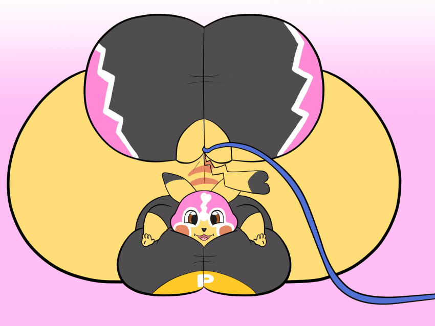 2022 air_inflation alvro anthro belly belly_expansion belly_inflation big_belly big_breasts big_butt black_bottomwear black_clothing black_nose black_pants black_shirt black_topwear blue_hose bottomwear breast_expansion breasts brown_eyes butt butt_expansion clothing colored cosplay_pikachu_(costume) digital_media_(artwork) expansion female flat_colors generation_1_pokemon hi_res hose_in_butt hose_inflation huge_breasts huge_butt hyper hyper_belly hyper_butt immobile inflation inflation_fetish looking_at_viewer lying mask nintendo on_front open_mouth pants pikachu pikachu_libre pink_background pink_bottomwear pink_clothing pink_mask pink_pants pink_tongue pokemon pokemon_(species) red_cheeks shirt simple_background smile solo spandex sports_mask sportswear susie_(reathe) swelling tail tight_clothing tongue topwear wrestling_mask wrestling_outfit yellow_belly yellow_body yellow_ears yellow_tail