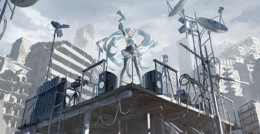 1girl absurdres antennae aqua_hair aqua_necktie arm_up ata-zhubo black_skirt black_thighhighs boots building camera chain-link_fence cloud cloudy_sky commentary_request detached_sleeves fence full_body hatsune_miku highres holding holding_megaphone impasto long_hair megaphone necktie outdoors pleated_skirt scenery shirt skirt sky sleeveless sleeveless_shirt solo speaker stage_lights standing thigh_boots thighhighs twintails very_long_hair vocaloid white_shirt zettai_ryouiki