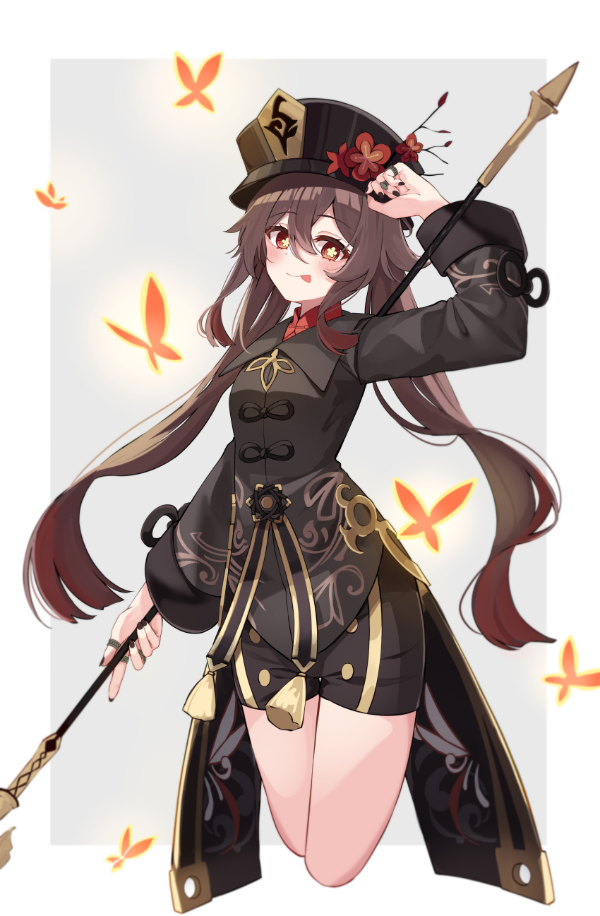 1girl absurdres adjusting_clothes adjusting_headwear black_coat black_headwear black_nails black_shorts blush border brown_hair bug butterfly coat coattails cropped_legs flower flower-shaped_pupils genshin_impact glowing_butterfly hair_between_eyes hat hat_flower highres holding holding_polearm holding_weapon hu_tao_(genshin_impact) jewelry long_hair long_sleeves looking_at_viewer multiple_rings opm7760 orange_eyes polearm ring shorts solo symbol-shaped_pupils tassel twintails weapon white_border