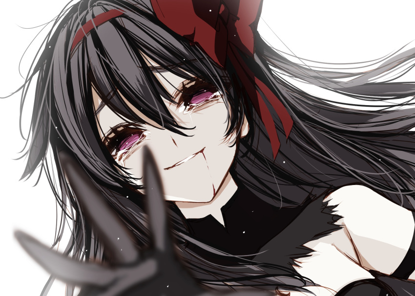 1girl akemi_homura akuma_homura bare_shoulders black_hair bleeding blood gloves highres mahou_shoujo_madoka_magica mahou_shoujo_madoka_magica:_hangyaku_no_monogatari misteor purple_eyes reaching reaching_towards_viewer smile tears teeth white_background