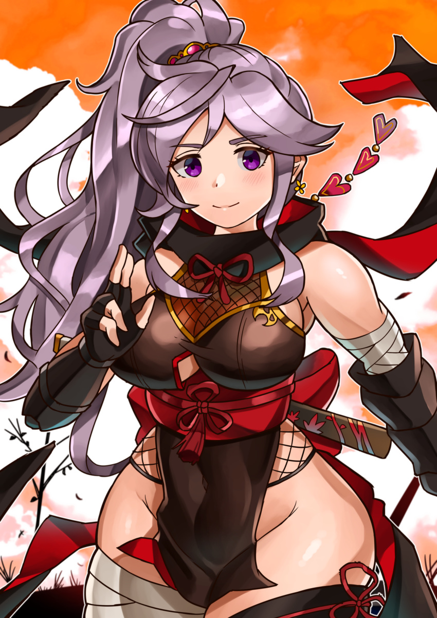 1girl absurdres breasts commission commissioner_upload earrings fire_emblem fire_emblem:_genealogy_of_the_holy_war hair_ornament highres ishtar_(fire_emblem) jewelry ninja non-web_source oniisan02b ponytail purple_eyes purple_hair skeb_commission thick_thighs thighs