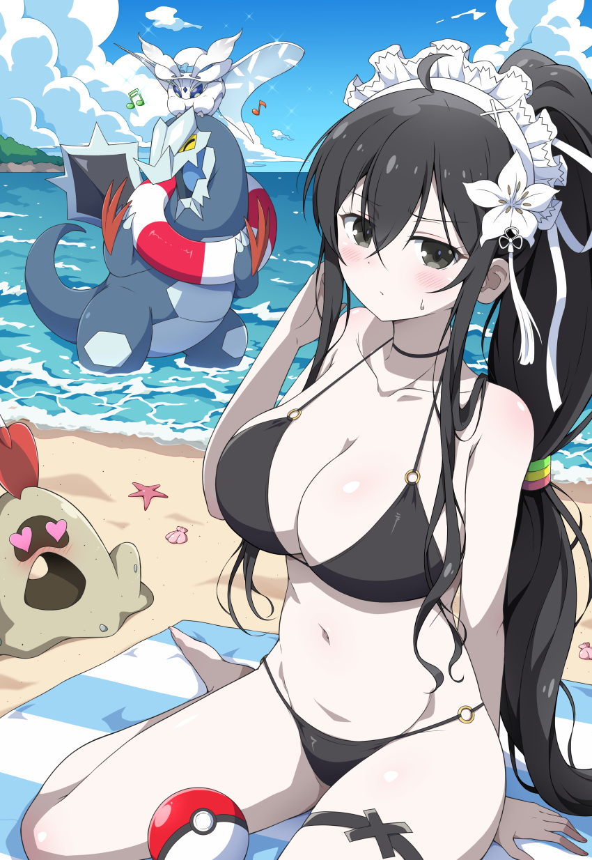 1girl absurdres baxcalibur beach bikini black_bikini black_eyes black_hair blue_sky breasts cleavage cloud commentary_request commission creature_request crossover day eggman_(pixiv28975023) fubuki_(senran_kagura) hair_between_eyes highres large_breasts long_hair looking_at_viewer musical_note o-ring o-ring_bikini o-ring_bottom o-ring_top ocean oucean outdoors poke_ball poke_ball_(basic) pokemon pokemon_(creature) ponytail senran_kagura senran_kagura_estival_versus senran_kagura_shinovi_versus sitting skeb_commission sky swimsuit