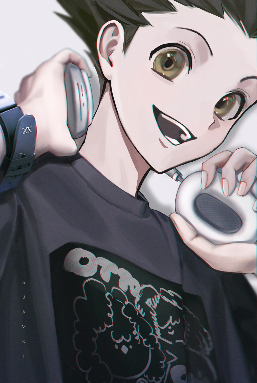 1boy absurdres artist_name black_hair black_shirt brown_eyes gon_freecss grey_background headphones headphones_around_neck highres holding holding_headphones hunter_x_hunter looking_at_viewer male_focus open_mouth shirt simple_background sjamki solo t-shirt upper_body watch wristwatch