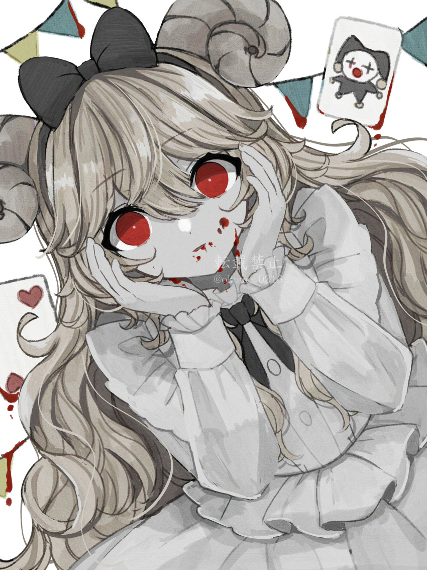 1girl absurdres alice_(alice_in_wonderland) alice_in_wonderland black_bow black_ribbon blonde_hair blood blood_on_face bow bright_pupils card commentary constricted_pupils cowboy_shot dress dutch_angle english_commentary frilled_dress frills hair_between_eyes hair_bow hairband hands_up heart highres horns joker_(card) lolita_fashion long_hair long_sleeves looking_at_viewer neck_ribbon okome_0216 parted_lips playing_card red_eyes ribbon sheep_horns sidelocks simple_background solo string_of_flags very_long_hair white_background white_dress white_pupils