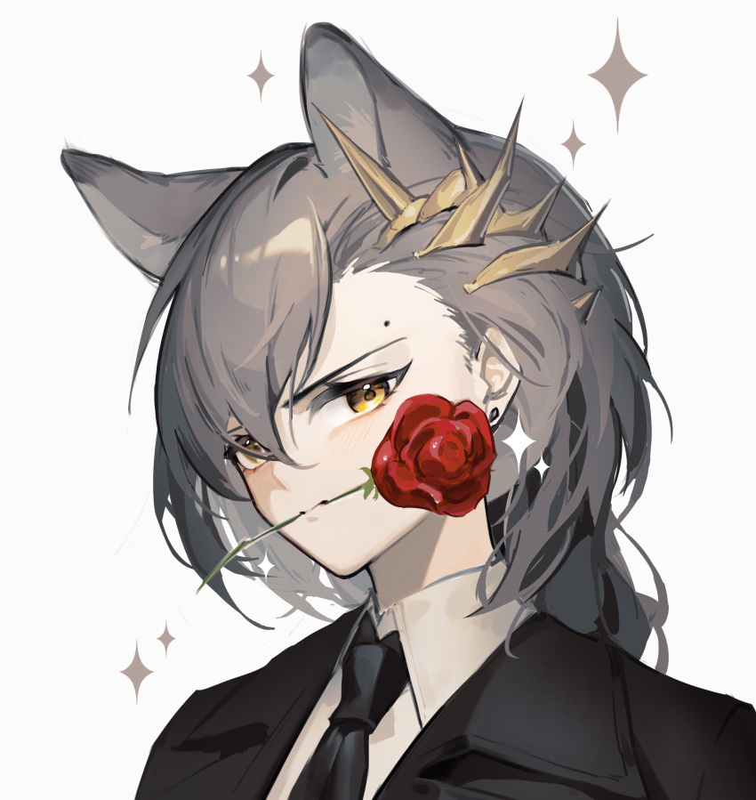 1girl absurdres akechi_(826988799) animal_ears arknights black_jacket black_necktie brown_hair collared_shirt dress_shirt earrings extra_ears flower flower_in_mouth hair_ornament highres jacket jewelry lapels long_hair looking_at_viewer mole necktie penance_(arknights) portrait red_flower red_rose rose shirt simple_background solo sparkle suit suit_jacket white_background white_shirt wolf_ears wolf_girl yellow_eyes
