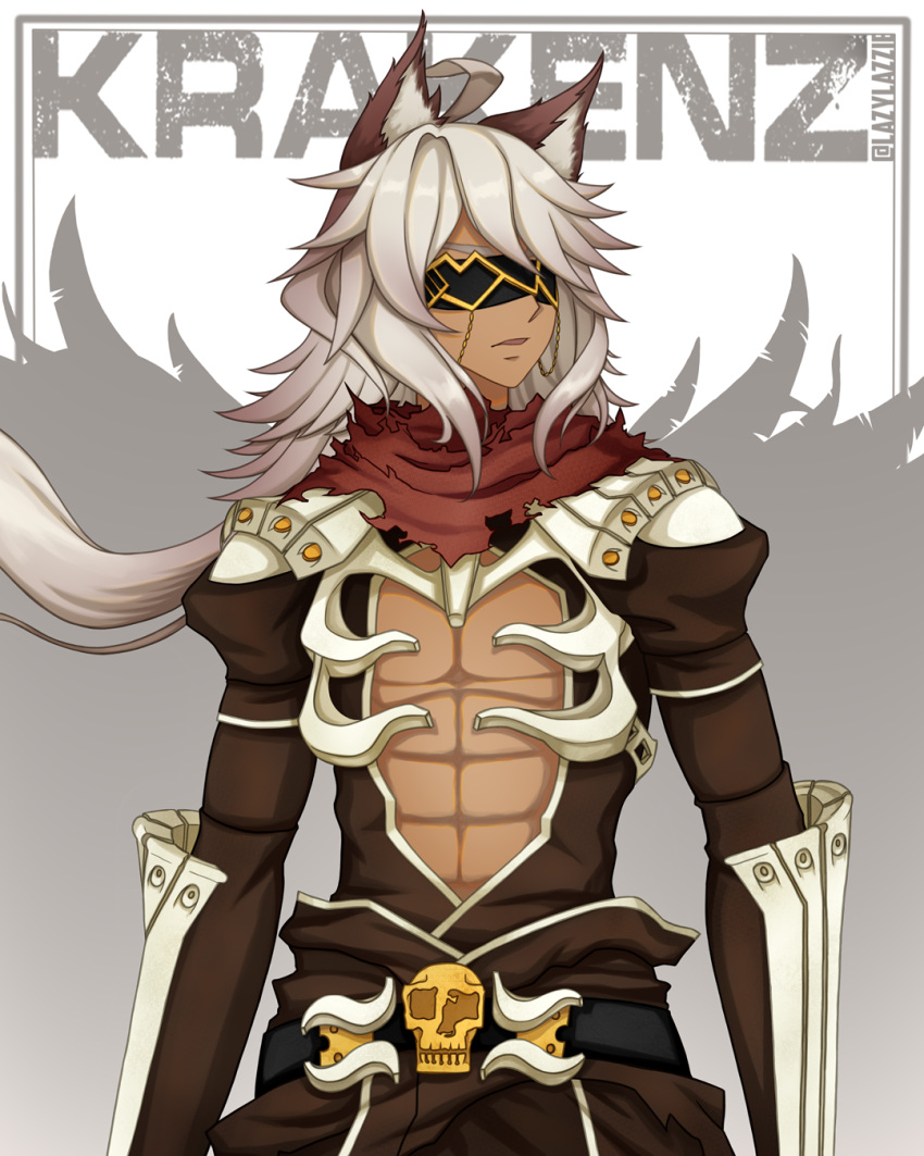 1boy abs ahoge animal_ears armor assassin_cross_(ragnarok_online) black_blindfold blindfold brown_cape brown_pants brown_shirt cape chain commentary cowboy_shot english_commentary expressionless fox_boy fox_ears grey_hair highres lazzi long_hair looking_to_the_side male_focus medium_bangs messy_hair open_clothes open_mouth open_shirt pants pauldrons ragnarok_online red_scarf scarf shirt shoulder_armor skull solo tan torn_scarf vambraces waist_cape