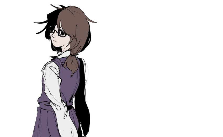 1girl arm_behind_back black-framed_eyewear black_eyes brown_hair closed_mouth collared_shirt commentary_request flat_color from_behind frown glasses korean_commentary long_sleeves looking_at_viewer looking_back low_twintails medium_hair messy_hair pleated_skirt purple_skirt purple_vest shirt skirt skirt_set solo touhou twintails usami_sumireko vest waiwa_way white_background white_shirt