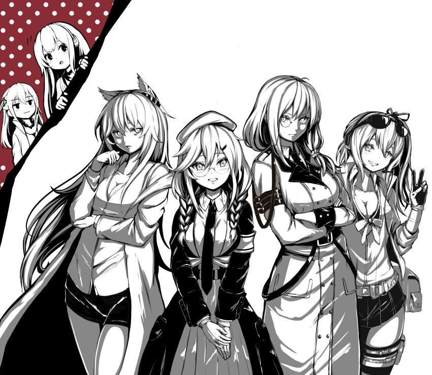 6+girls :| armband belt beret blush bra braid breasts cleavage closed_mouth coat collarbone commentary_request crossed_arms dress eyewear_on_head girls'_frontline glasses gloves greyscale griffin_&amp;_kryuger_military_uniform grin hair_between_eyes hair_ornament hair_ribbon hair_scrunchie hairclip hand_on_own_elbow hand_up hat headphones headset helianthus_(girls'_frontline) highres jitome kalina_(girls'_frontline) lab_coat lace lace_bra large_breasts long_dress long_hair long_sleeves looking_at_viewer m4a1_(girls'_frontline) medium_breasts monochrome monocle multiple_girls neck_ribbon necktie numazume open_mouth page_tear persica_(girls'_frontline) pleated_skirt revealing_layer ribbon scrunchie shirt side_ponytail sier_(girls'_frontline) simple_background skirt smile snap-fit_buckle st_ar-15_(girls'_frontline) sunglasses thigh_pouch twin_braids underwear v white_background