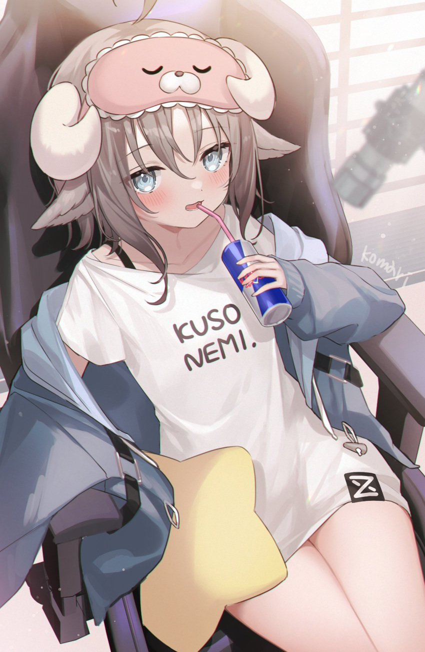 1girl ahoge animal_ears artist_name black_straps blue_eyes blue_jacket blush brown_hair can chair drinking_straw from_above highres holding holding_can horns jacket medium_hair microphone off_shoulder open_clothes open_jacket original poncho_(31103105) red_bull sheep_ears sheep_horns shirt sidelocks sitting sleep_mask solo star_pillow strap white_shirt