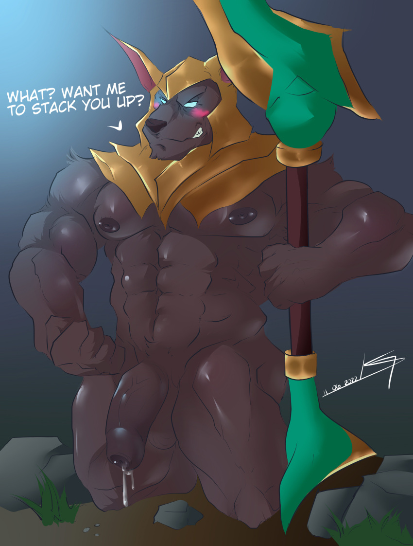 abs absurd_res anthro anubian_jackal armor balls biceps blush bodily_fluids canid canine canis cum ferskyed fur genital_fluids genitals half-erect headgear headgear_only helmet helmet_only hi_res humanoid humanoid_genitalia jackal kneeling league_of_legends looking_at_viewer male mammal muscular muscular_anthro muscular_male nasus_(lol) nipples nude pecs penile penis riot_games smile solo text vein veiny_penis