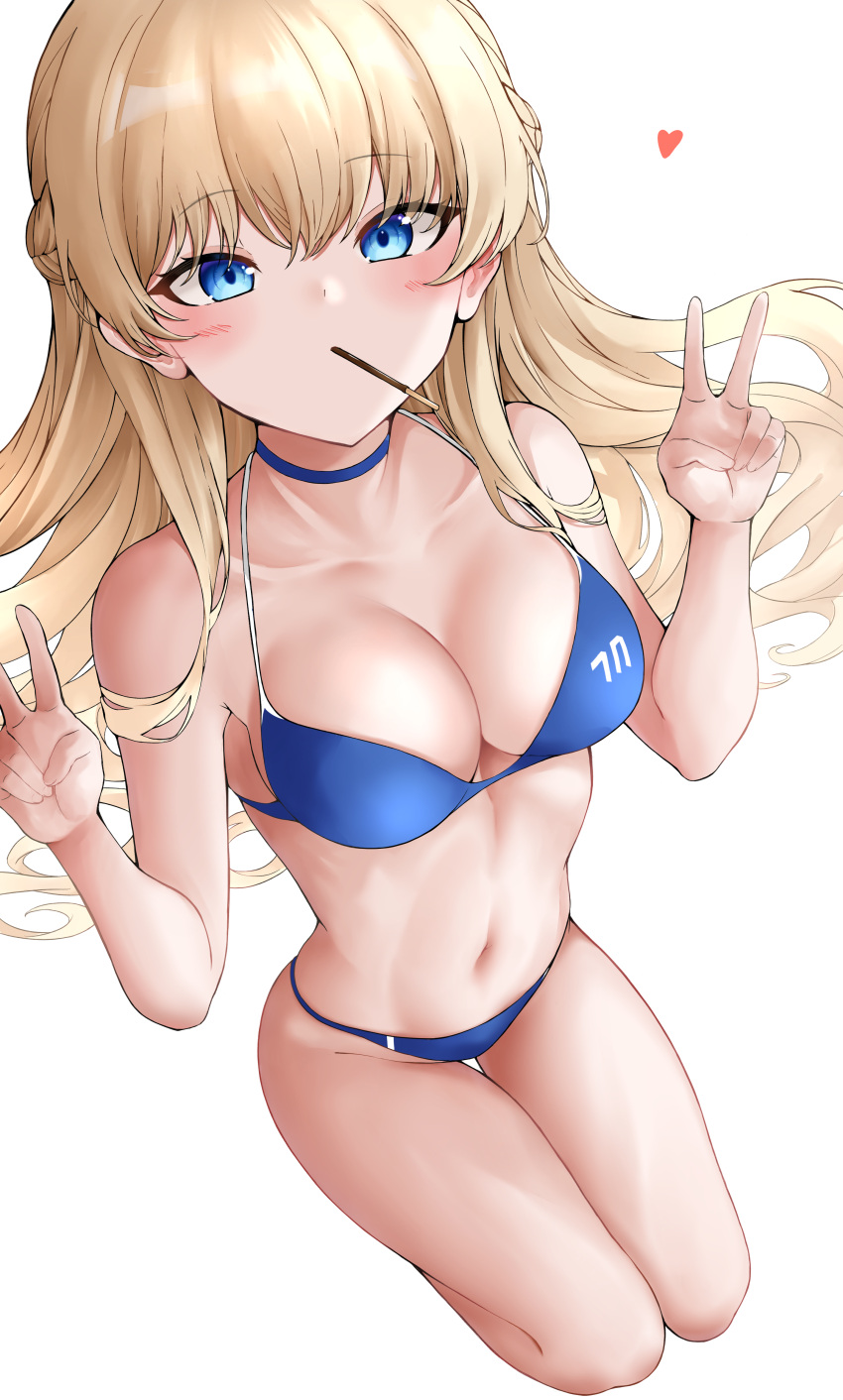 1girl absurdres bare_shoulders bikini blonde_hair blue_archive blue_bikini blue_choker blue_eyes blush braid breasts choker cleavage collarbone double_v food food_in_mouth foreshortening french_braid groin heart highres knees_up lds_(dstwins97) long_hair looking_at_viewer lying medium_breasts navel on_back pocky pocky_in_mouth simple_background solo swimsuit thigh_gap thighs toki_(blue_archive) v white_background