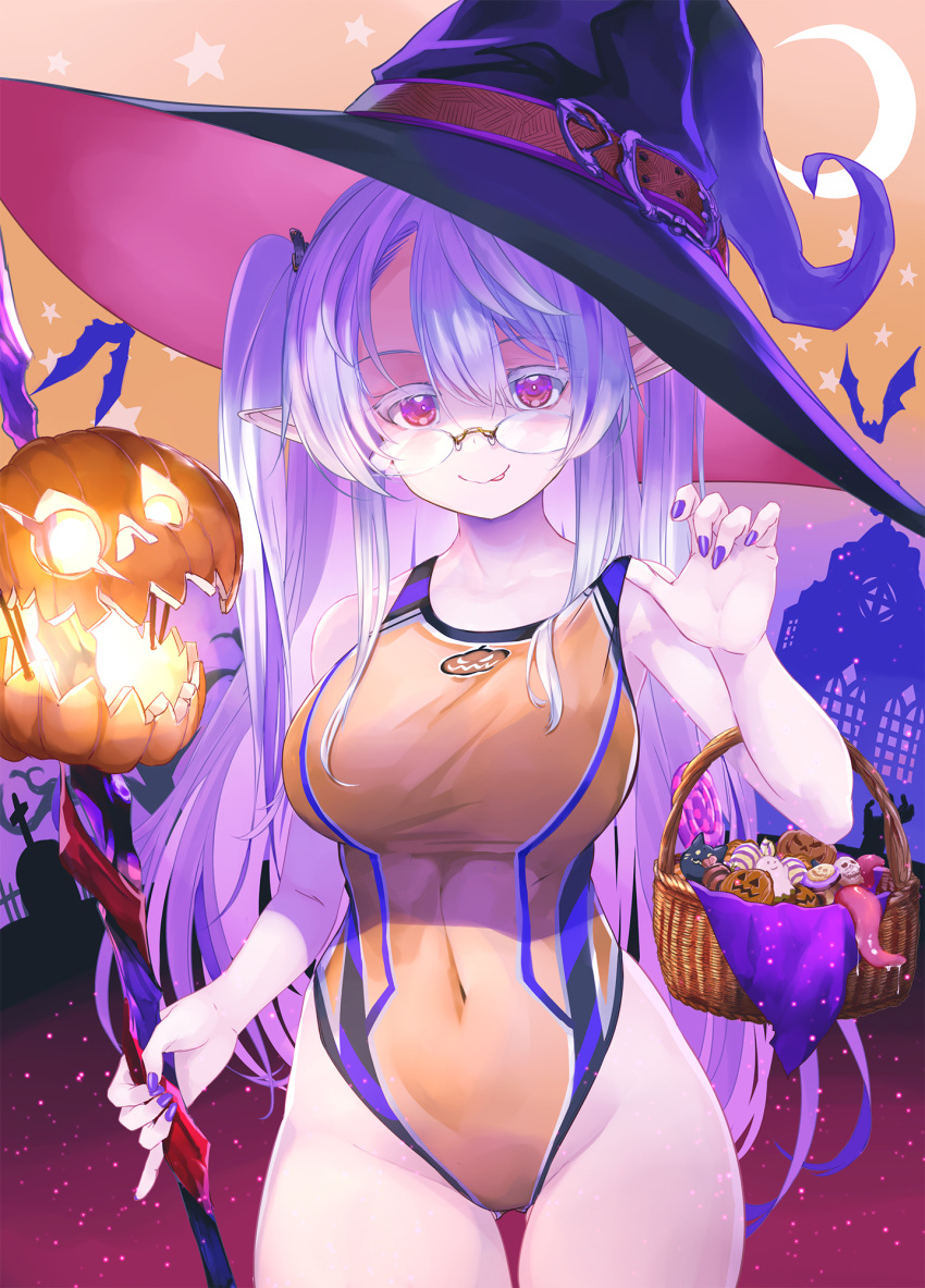 1girl adjusting_clothes adjusting_swimsuit basket bat_(animal) candy carrying claw_pose closed_mouth commentary_request covered_navel cowboy_shot crescent_moon fang food glasses graveyard halloween hat highres holding holding_staff jack-o'-lantern kiryuu_takahisa long_hair looking_at_viewer moon one-piece_swimsuit orange_one-piece_swimsuit original pale_skin partial_commentary pink_eyes pointy_ears purple_hair purple_nails rimless_eyewear sky smile solo staff standing star_(sky) starry_sky swimsuit thigh_gap two_side_up very_long_hair witch_hat