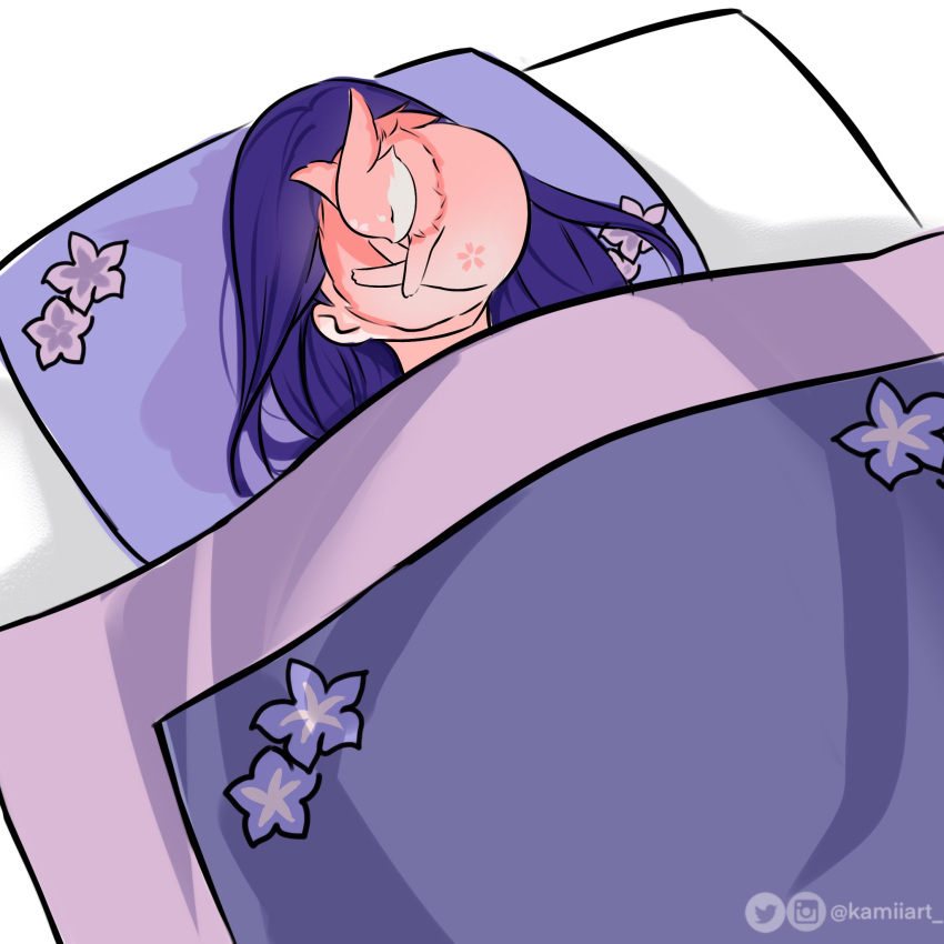 1girl 1other bed blanket genshin_impact highres kamiiart long_hair pillow pink_fur purple_hair raiden_shogun twitter_username yae_miko yae_miko_(fox)