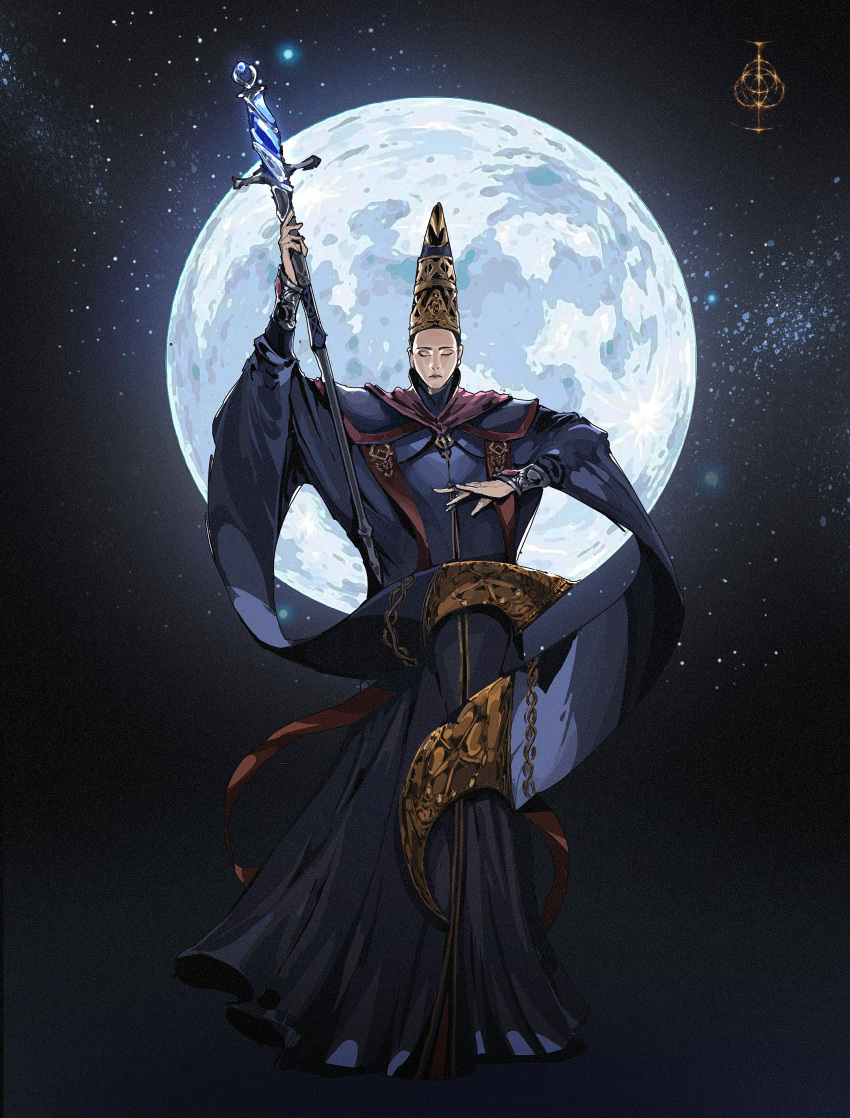 1girl absurdres blue_gemstone blue_robe closed_eyes crown dante09 elden_ring elden_ring_(object) full_body full_moon gem glowing glowing_gem gold hat highres holding holding_staff moon multicolored_clothes pointy_hat rennala_queen_of_the_full_moon robe scepter sky solo staff star_(sky) starry_sky tall_female wizard_hat