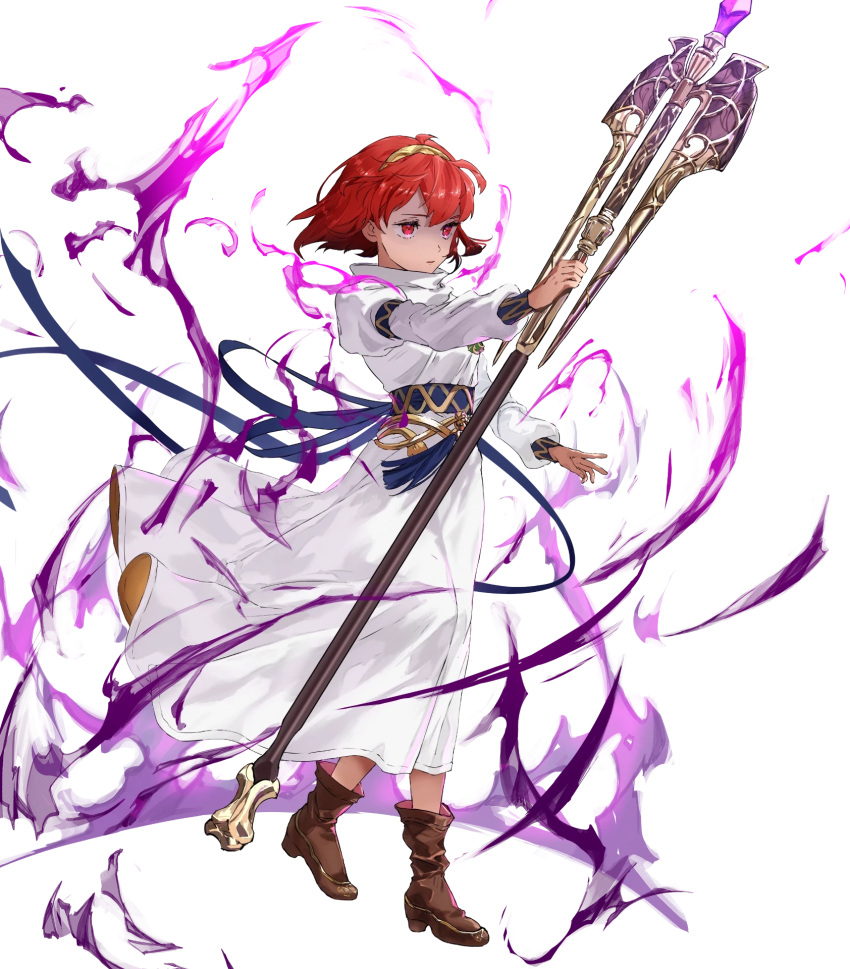 1girl ankle_boots aura boots closed_mouth dark_aura detached_sleeves dress fire_emblem fire_emblem:_mystery_of_the_emblem fire_emblem_heroes full_body hairband highres holding jewelry long_sleeves maria_(fire_emblem) mayo_(becky2006) necklace non-web_source official_art red_eyes red_hair short_hair solo staff transparent_background white_dress