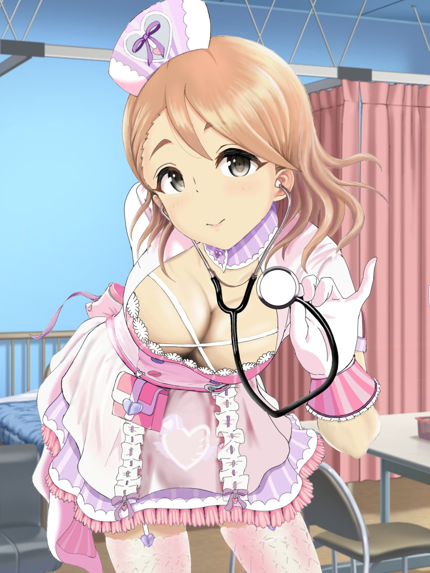 1girl bed bkcnvkniwoz0f4d bow breasts brown_eyes brown_hair chair cleavage cleavage_cutout closed_mouth clothing_cutout collarbone couch cowboy_shot dot_nose dress dress_bow garter_straps gloves hat highres holding_stethoscope hospital_bed idolmaster idolmaster_cinderella_girls idolmaster_cinderella_girls_starlight_stage indoors large_breasts leaning_forward long_hair looking_at_viewer nurse nurse_cap pink_bow pink_curtains pink_dress pink_headwear privacy_screen short_hair short_sleeves smile solo standing table thighhighs white_gloves white_thighhighs yanagi_kiyora zettai_ryouiki