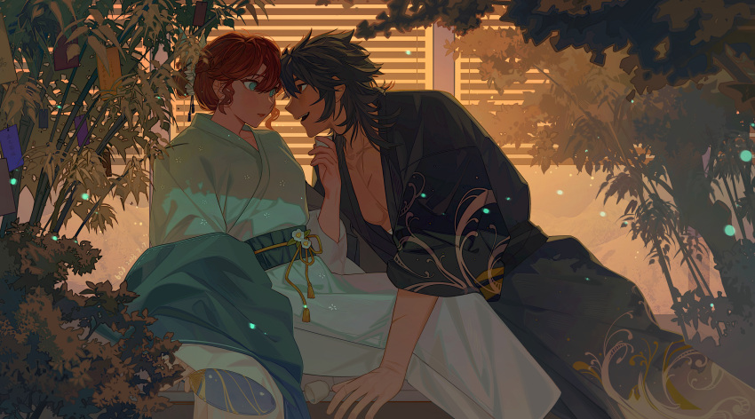 1boy 1girl absurdres aqua_kimono black_hair blue_kimono blush couple dark-skinned_male dark_skin female_saniwa_(touken_ranbu) floral_print flower green_eyes hair_between_eyes hair_bun highres hirono1118 japanese_clothes kimono light_particles looking_at_another mutsu-no-kami_yoshiyuki open_mouth orange_eyes plant red_hair saniwa_(touken_ranbu) short_hair single_hair_bun sitting smile tanabata touken_ranbu white_flower window_blinds