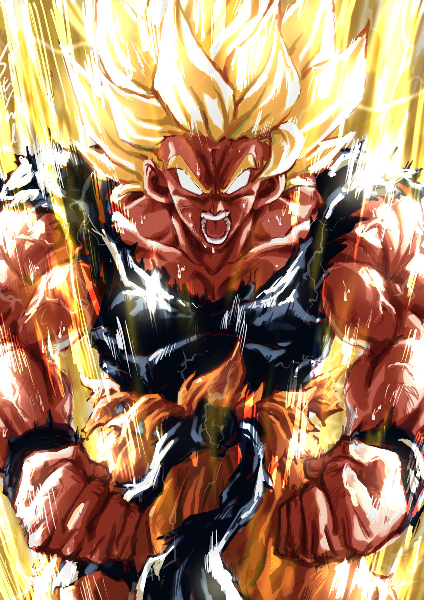 1boy absurdres angry aura biceps blank_eyes blonde_hair clenched_hands cowboy_shot dougi dragon_ball dragon_ball_z furrowed_brow highres male_focus muscular muscular_male open_mouth sash shouting solo son_goku spiked_hair stynl_f super_saiyan super_saiyan_1 sweat teeth torn_clothes veins very_sweaty wristband