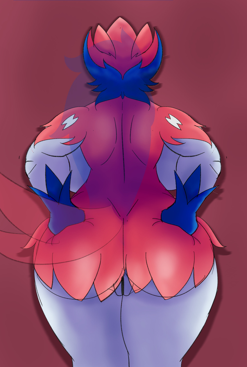 absurd_res anthro anthrofied back_boob big_breasts big_butt breasts butt canid chillyspicky female generation_8_pokemon genitals gloves_(marking) hands_on_hips hi_res legendary_pokemon mammal markings nintendo pokemon pokemon_(species) pseudo_clothing pussy rear_view slightly_chubby solo thick_thighs upskirt wide_hips zamazenta