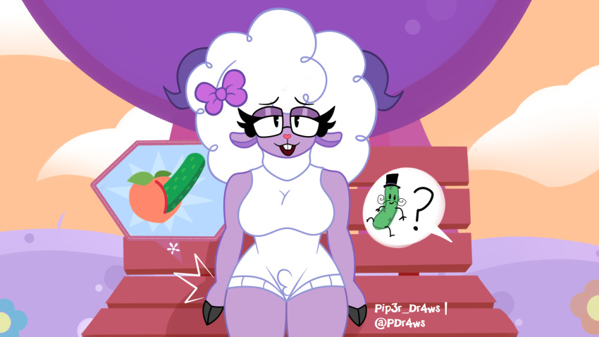 2023 anal anal_masturbation anthro aroused bench big_breasts bovid breasts caprine clothed clothing cosplay cucumber digital_drawing_(artwork) digital_media_(artwork) emoji eyewear female female/female food frosteinbun fur glasses happy_tree_friends hi_res horn lammy_(htf) mammal masturbation pip3r_dr4ws plant purple_body sheep solo susan_sheep_(tartfrost) vegetable wool_(fur)